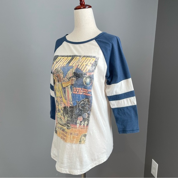 Vintage Star Wars 3/4 Long Sleeve Raglan T Shirt Size M Blue & White Retro - Picture 2 of 12